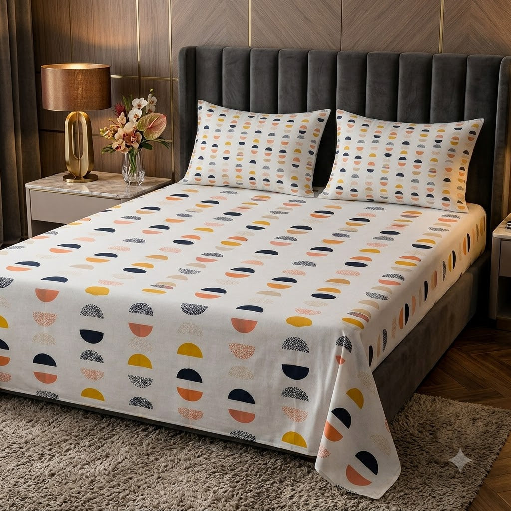 Nuvinor™ HBK Queen Bedsheet with 2 Pillow Covers - Abstract Half-Moon Pattern 90x100 Inch Glace Cotton