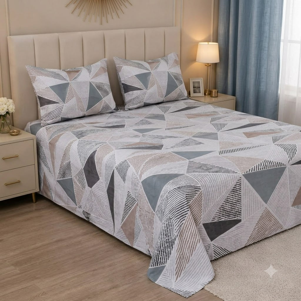 Nuvinor™ HBK Queen Bedsheet with 2 Pillow Covers - Geometric Pattern 90x100 Inch Glace Cotton