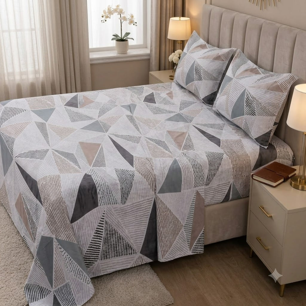 Nuvinor™ HBK Queen Bedsheet with 2 Pillow Covers - Geometric Pattern 90x100 Inch Glace Cotton