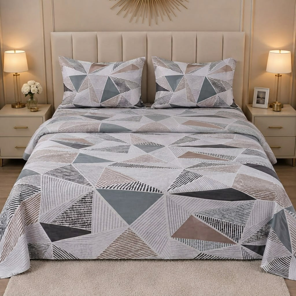 Nuvinor™ HBK Queen Bedsheet with 2 Pillow Covers - Geometric Pattern 90x100 Inch Glace Cotton
