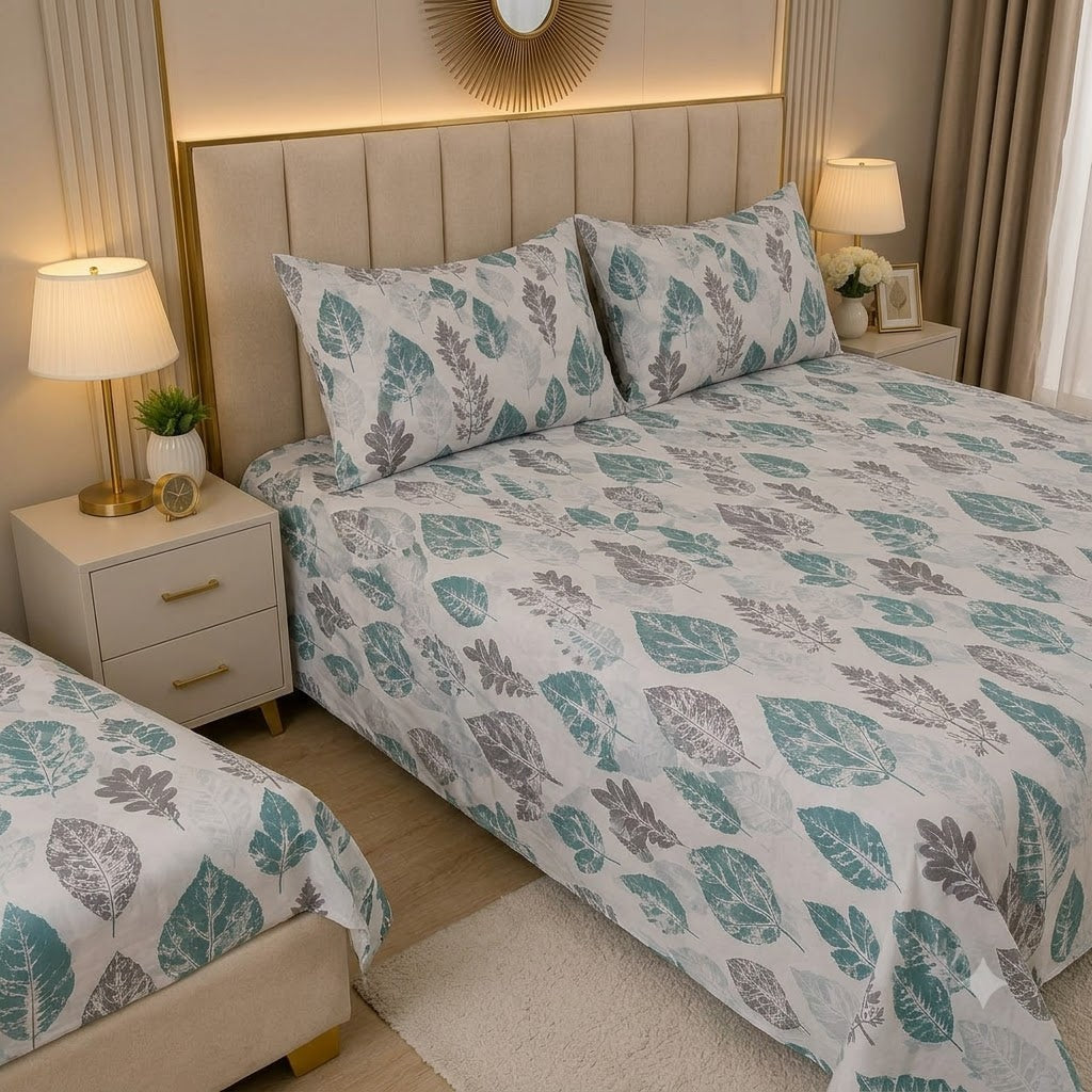 Nuvinor™ HBK King Bedsheet with 2 Pillow Covers - Leaf Pattern (108x108 Inch Glace Cotton)