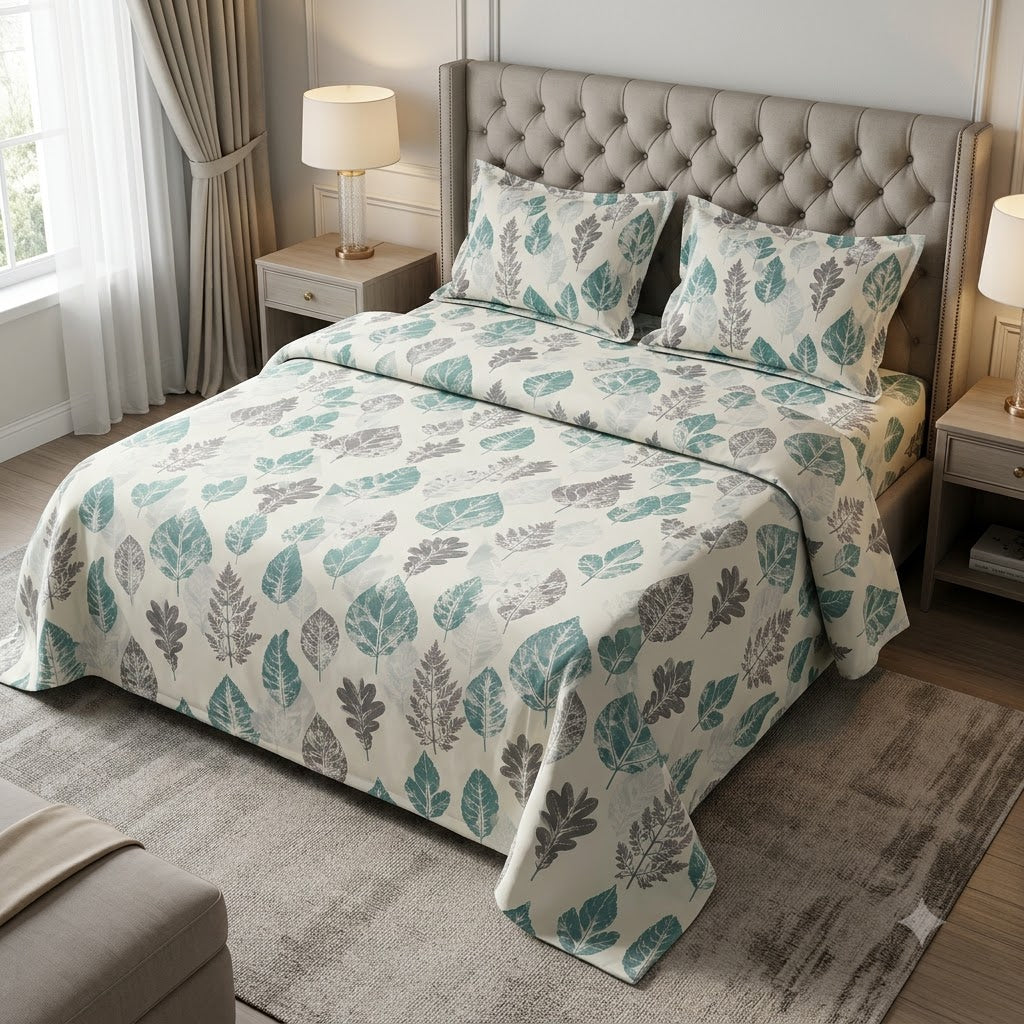 Nuvinor™ HBK King Bedsheet with 2 Pillow Covers - Leaf Pattern (108x108 Inch Glace Cotton)