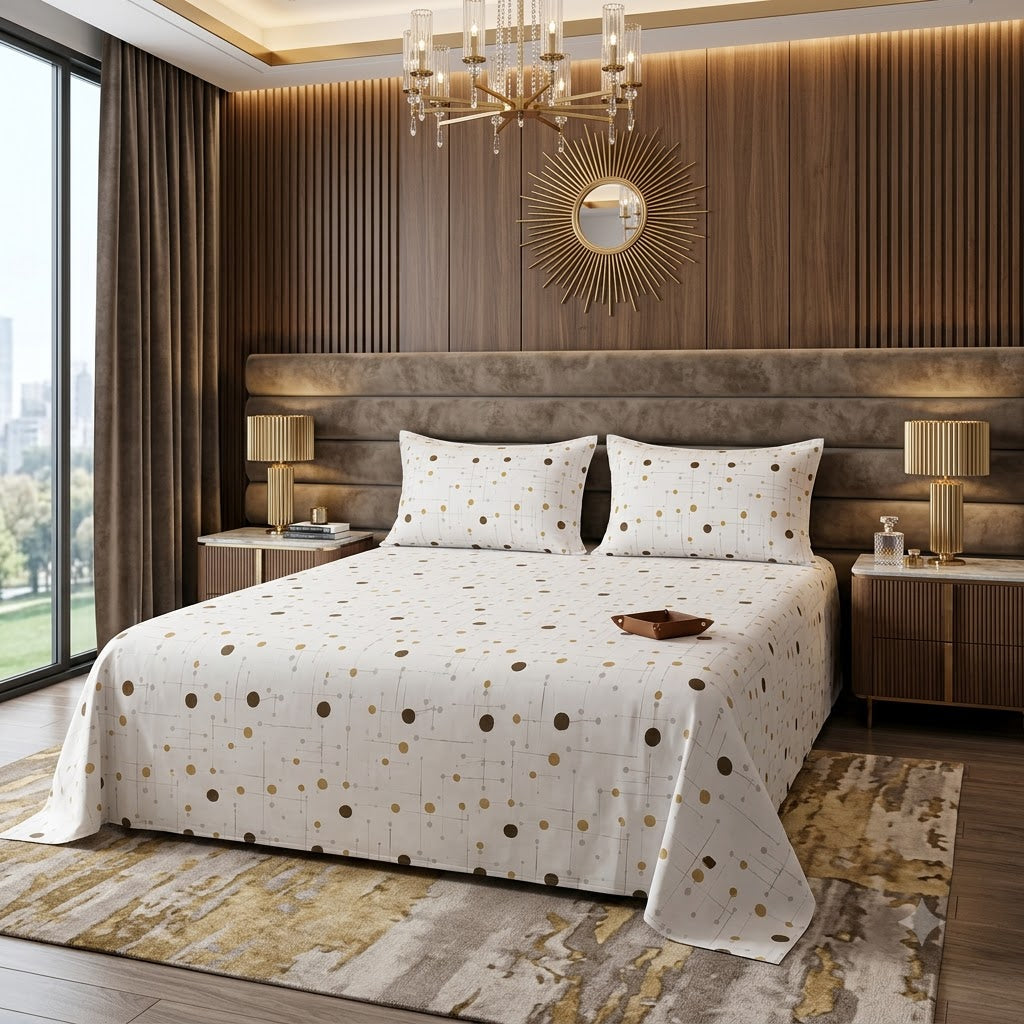 Nuvinor™ HBK King Bedsheet with 2 Pillow Covers - Abstract Dot & Grid Pattern (108x108 Inch Glace Cotton)