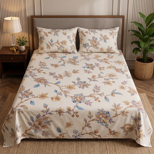 Nuvinor™ Premium Floral 108x108 King Size Cotton Blend Bedsheet with 2 Pillow Covers