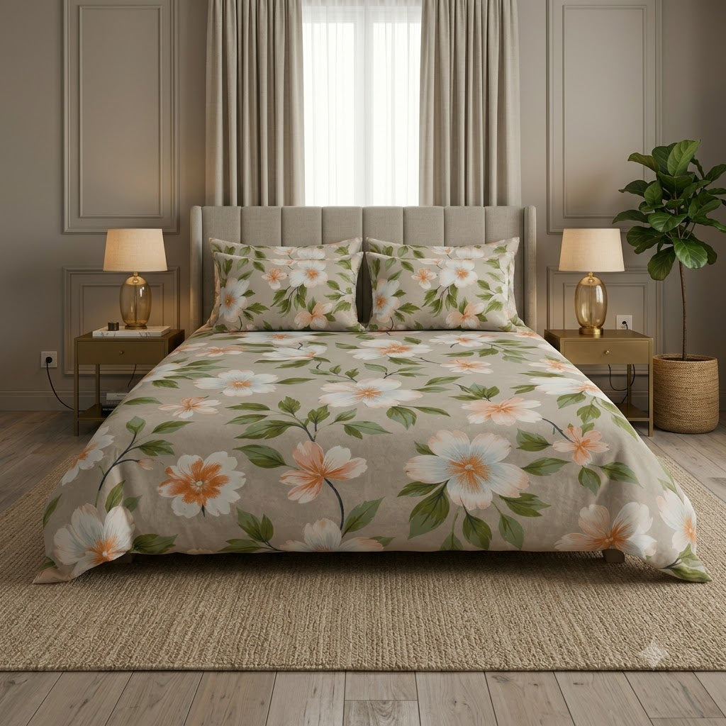 Nuvinor™ Elegant Floral Print Glace Cotton 60x90 inch Single Bedsheet with 1 Matching Pillow Cover