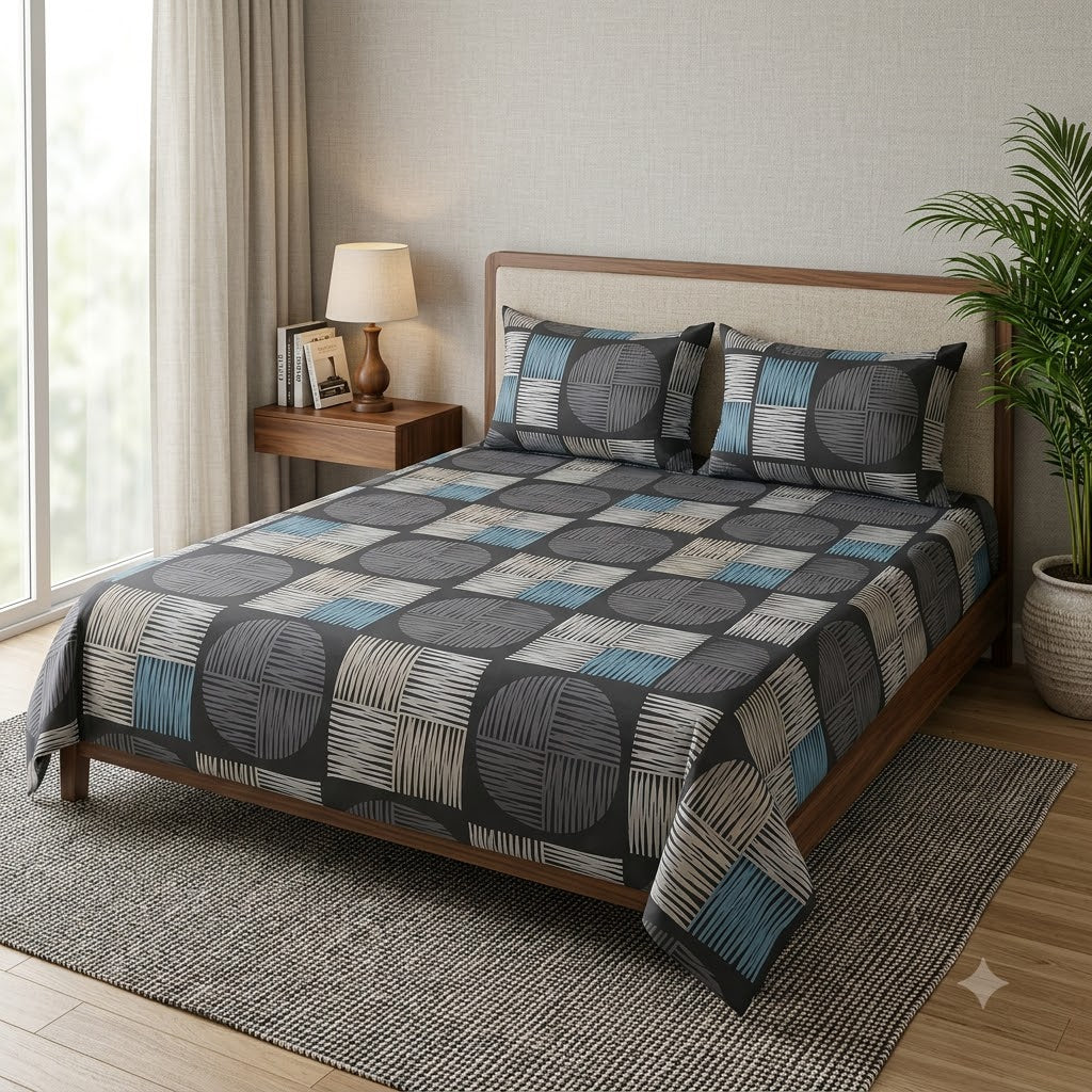 Nuvinor™ Premium Geometric 90X100 Inch Cotton Blend  Bedsheet with 2 Pillow Covers