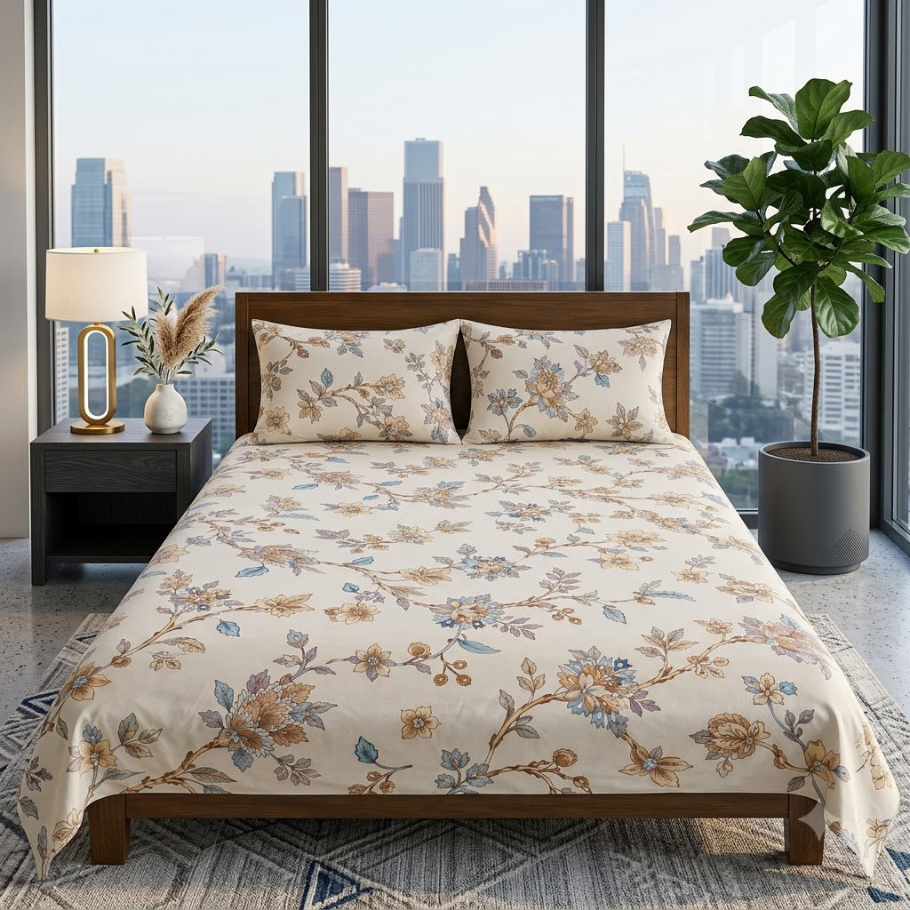 Nuvinor™ Premium Floral 108x108 King Size Cotton Blend Bedsheet with 2 Pillow Covers