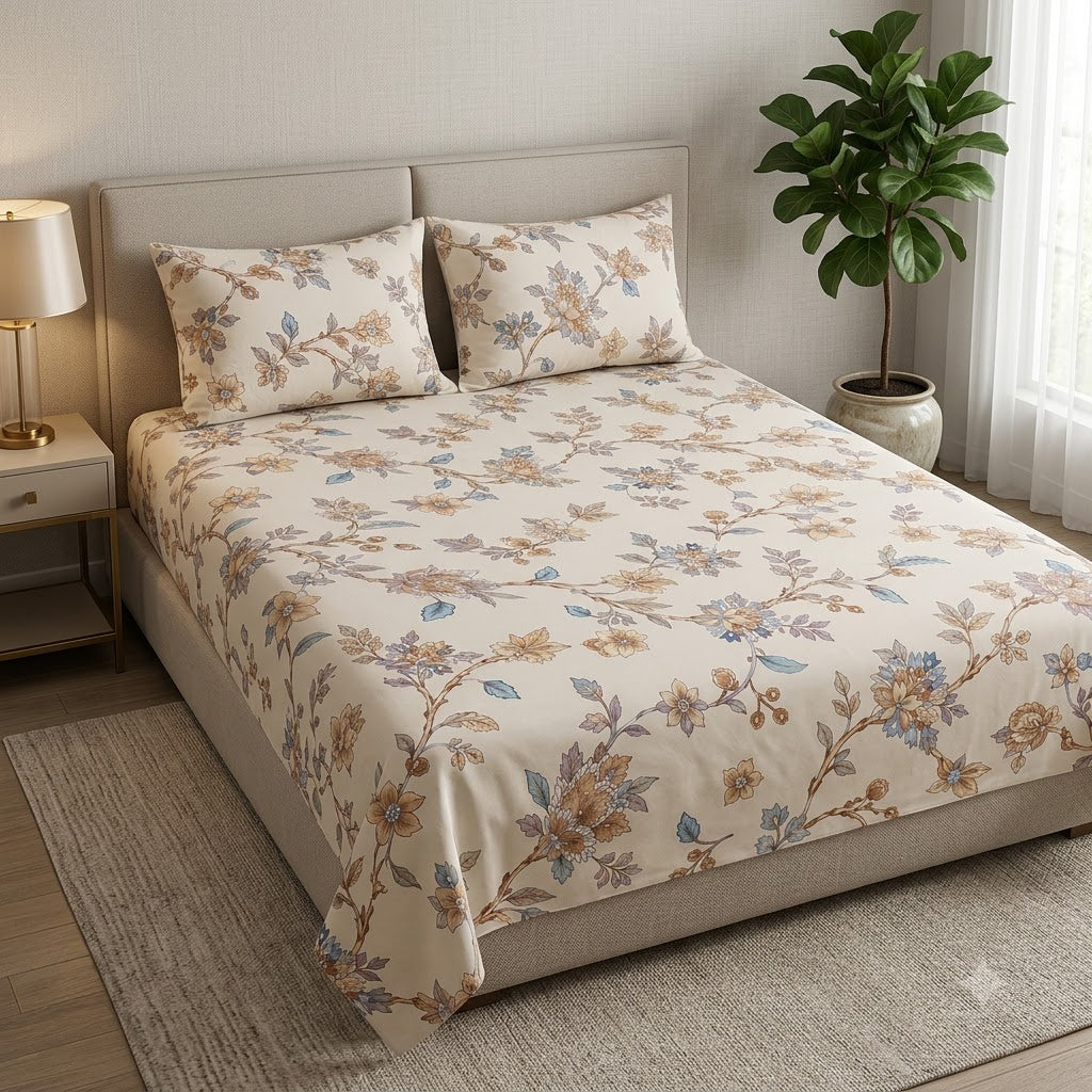 Nuvinor™ Premium Floral 108x108 King Size Cotton Blend Bedsheet with 2 Pillow Covers