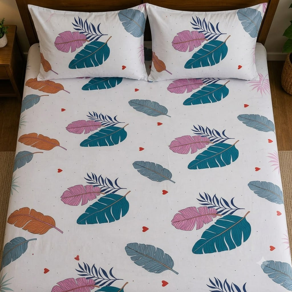 Nuvinor™ Premium Leaf Print Cotton Blend Bedsheet – 90 x 100 Inch with 2 Pillow Covers