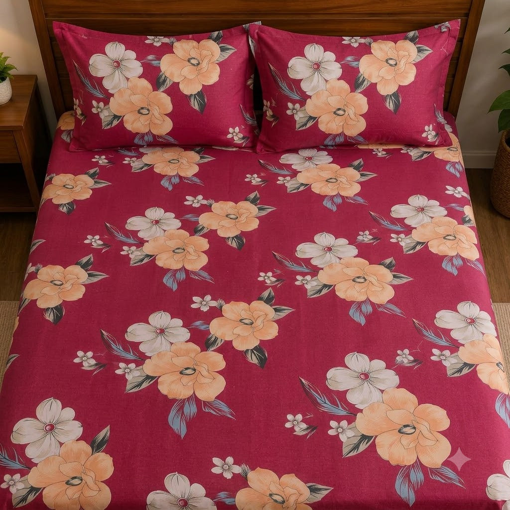 Nuvinor™ Premium Floral Cotton Blend Bedsheet – 90 x 100 Inch with 2 Pillow Covers
