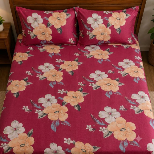 Nuvinor™ Premium Floral Cotton Blend Bedsheet – 90 x 100 Inch with 2 Pillow Covers