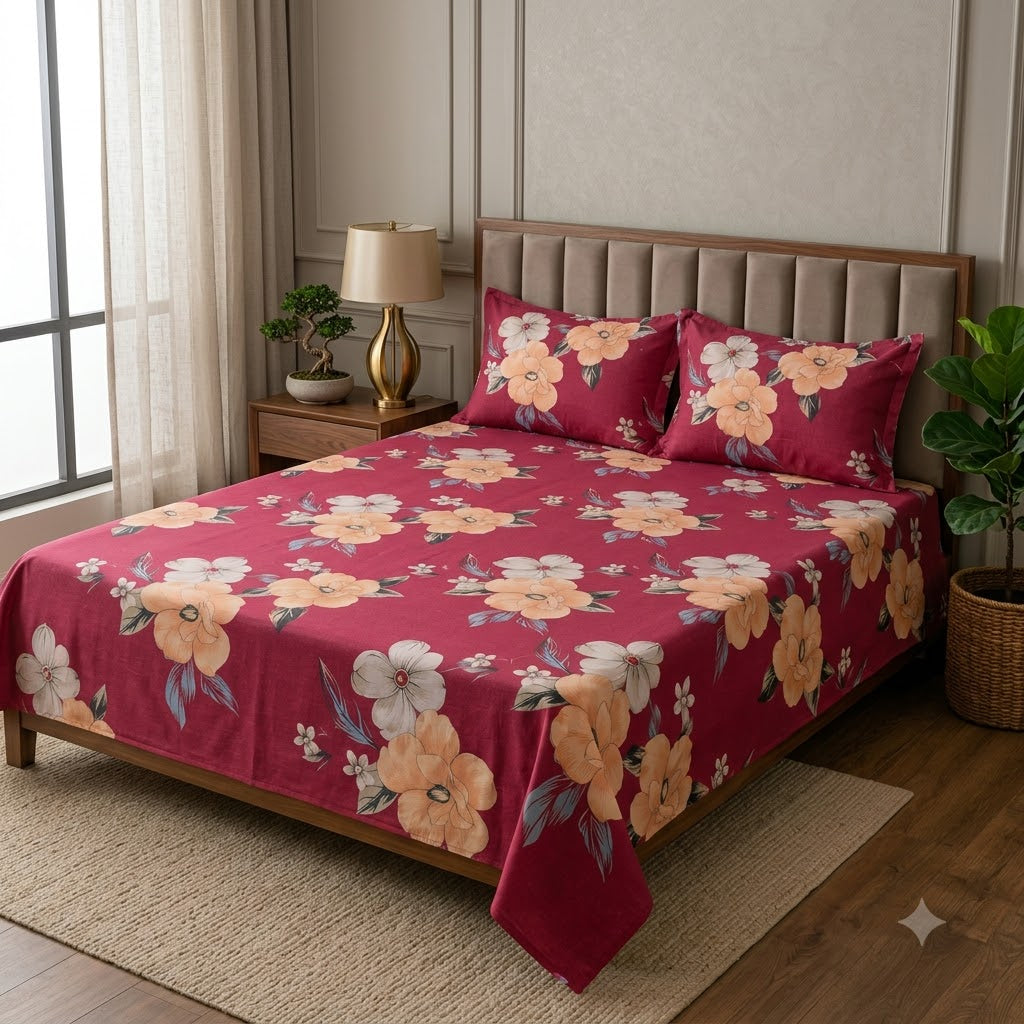 Nuvinor™ Premium Floral Cotton Blend Bedsheet – 90 x 100 Inch with 2 Pillow Covers