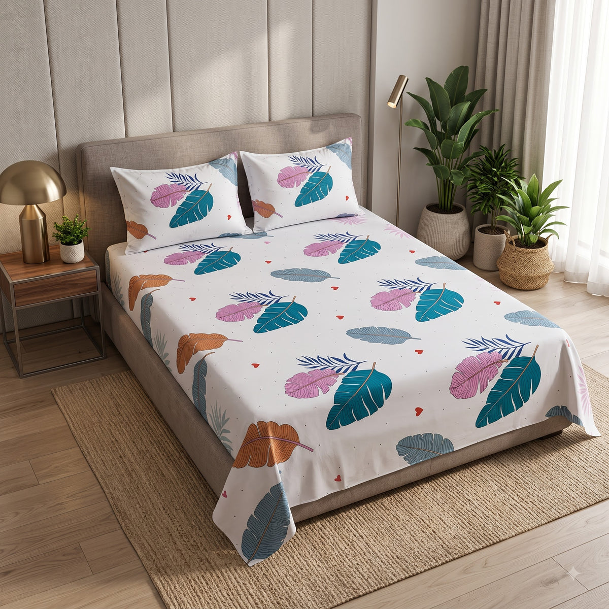 Nuvinor™ Premium Leaf Print Cotton Blend Bedsheet – 90 x 100 Inch with 2 Pillow Covers