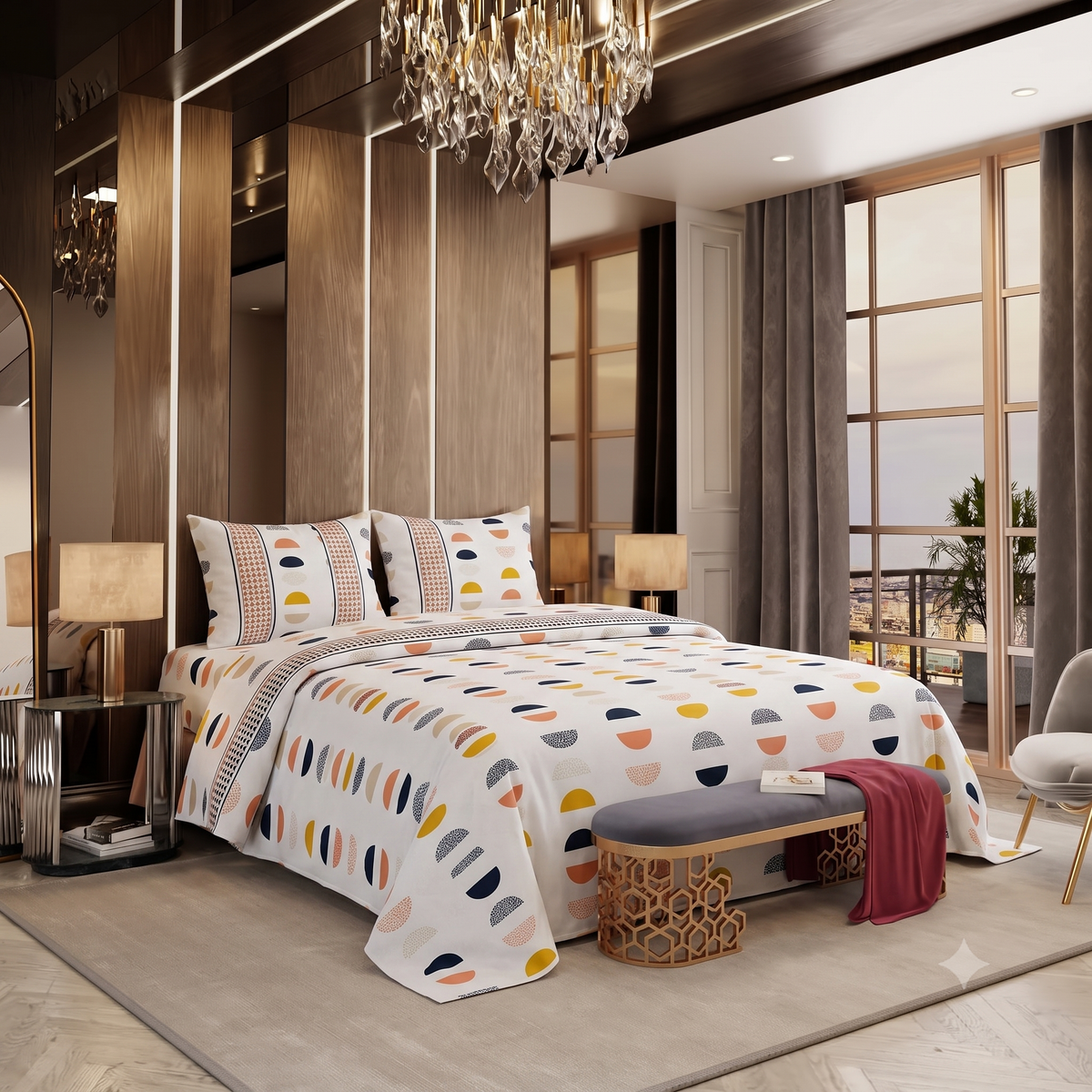 Nuvinor™ HBK Queen Bedsheet with 2 Pillow Covers - Abstract Half-Moon Pattern 90x100 Inch Glace Cotton
