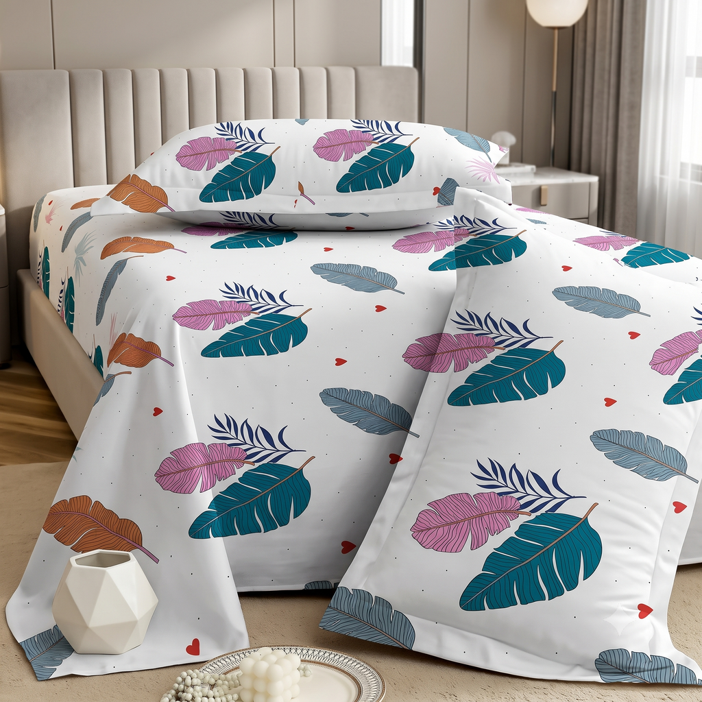 Nuvinor™ Premium Leaf Print Cotton Blend Bedsheet – 90 x 100 Inch with 2 Pillow Covers