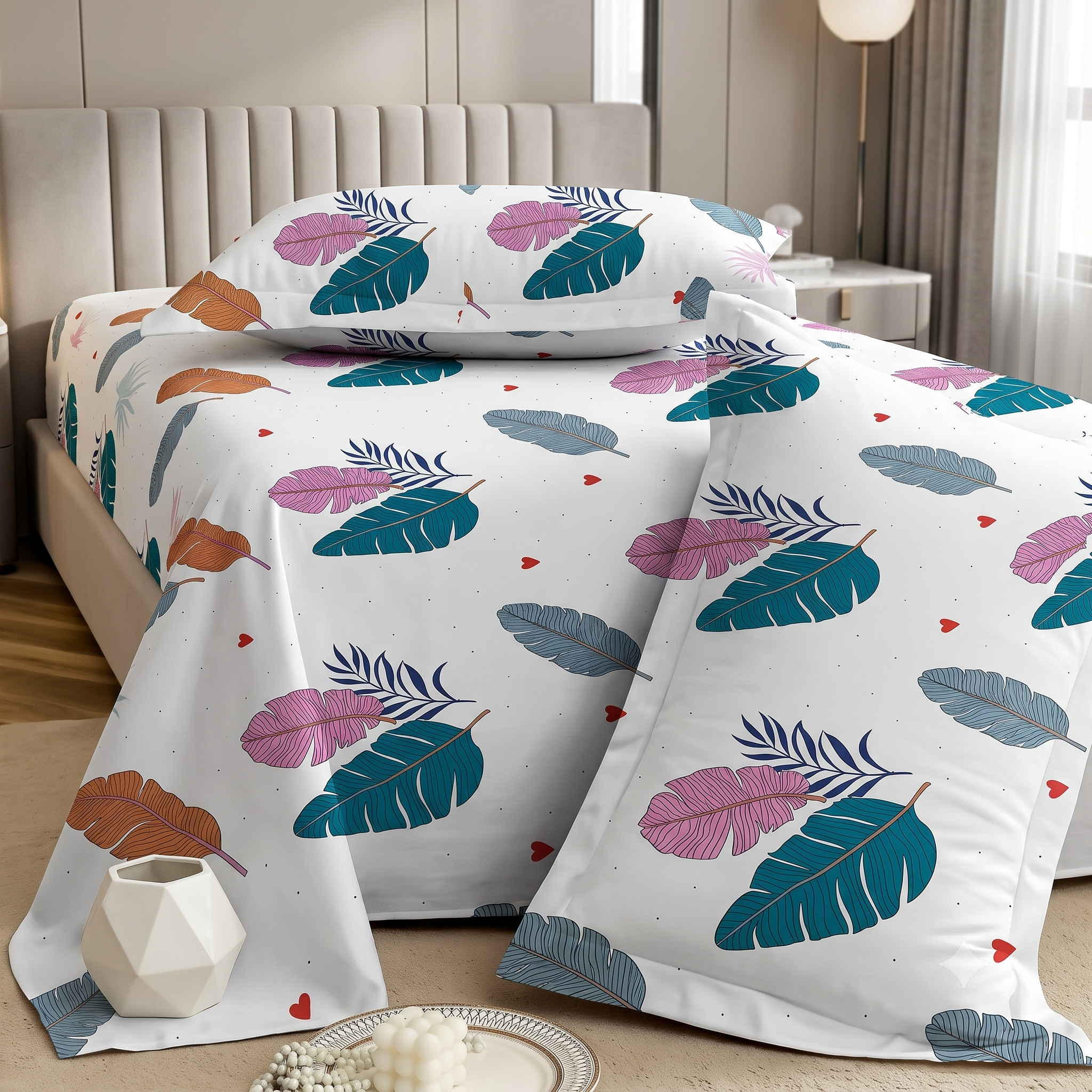 Nuvinor™ Premium Leaf Print Cotton Blend Bedsheet – 90 x 100 Inch with 2 Pillow Covers