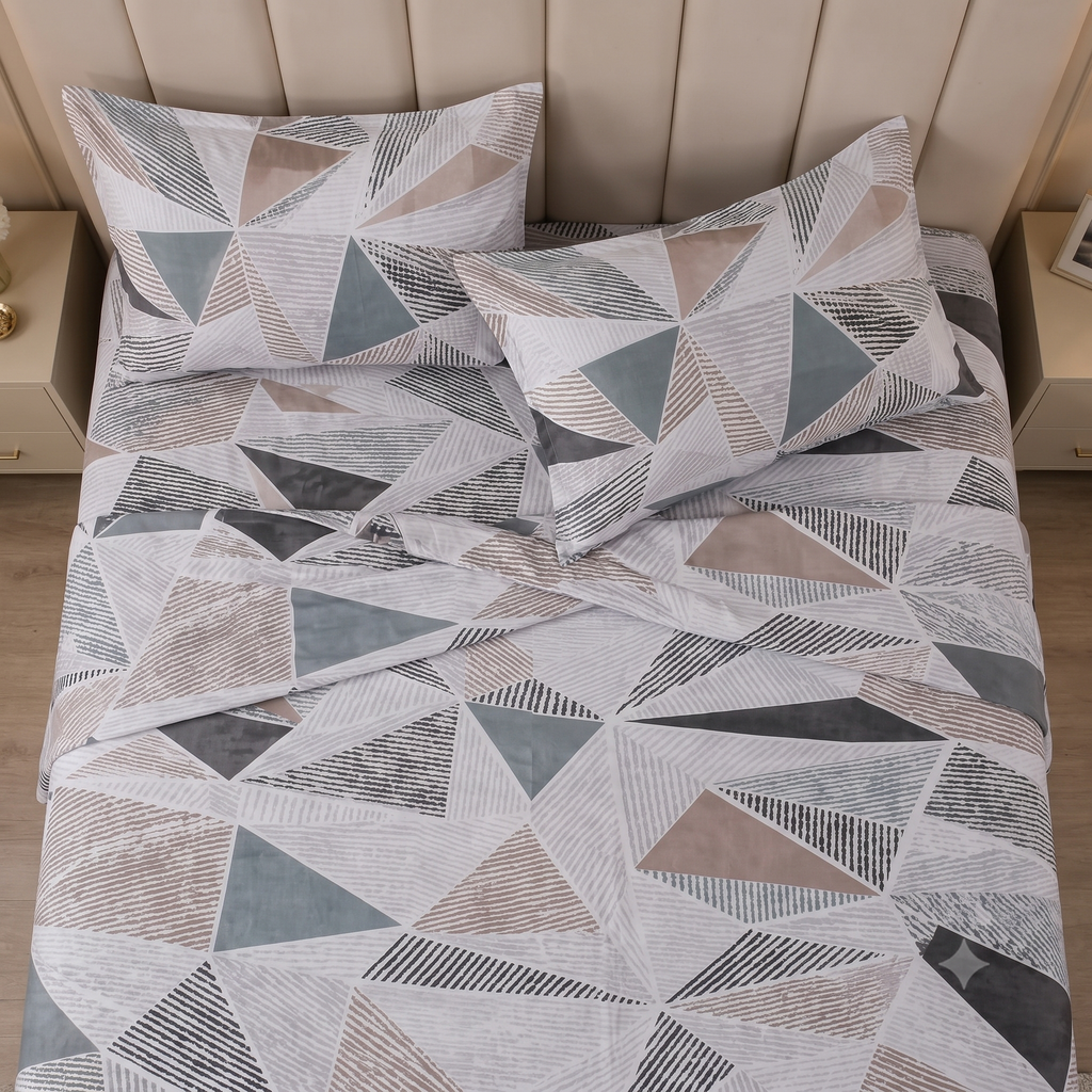 Nuvinor™ HBK Queen Bedsheet with 2 Pillow Covers - Geometric Pattern 90x100 Inch Glace Cotton