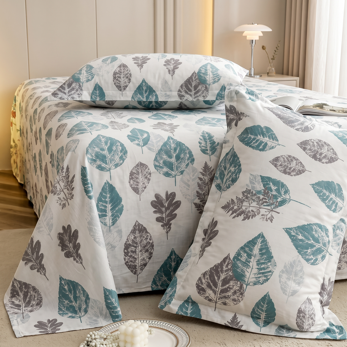 Nuvinor™ HBK King Bedsheet with 2 Pillow Covers - Leaf Pattern (108x108 Inch Glace Cotton)