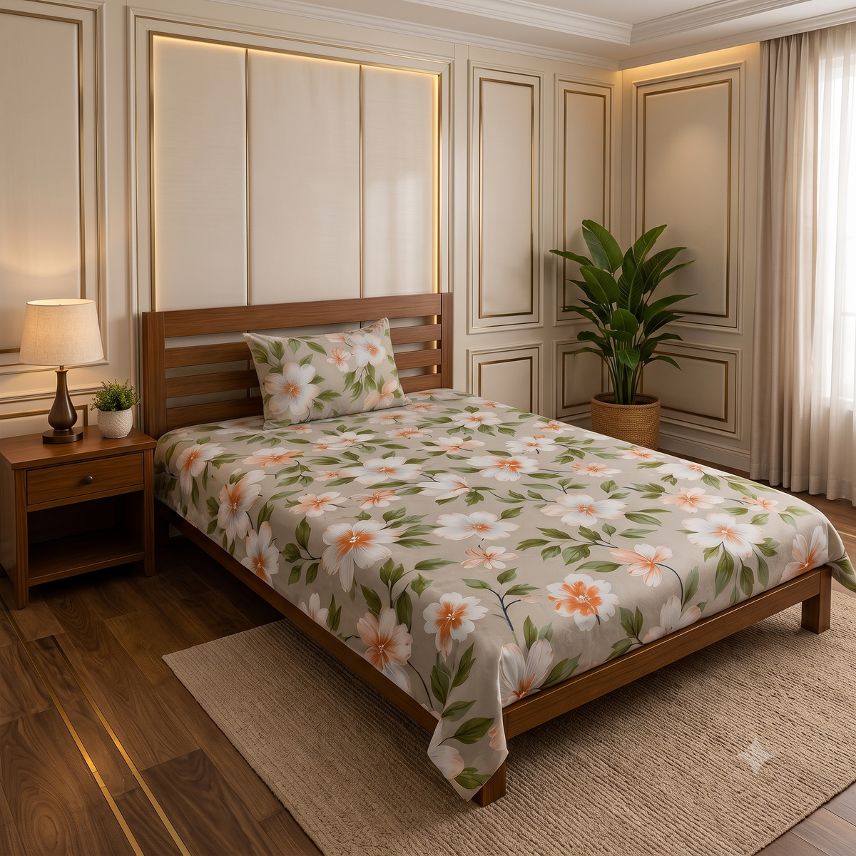 Nuvinor™ Elegant Floral Print Glace Cotton 60x90 inch Single Bedsheet with 1 Matching Pillow Cover