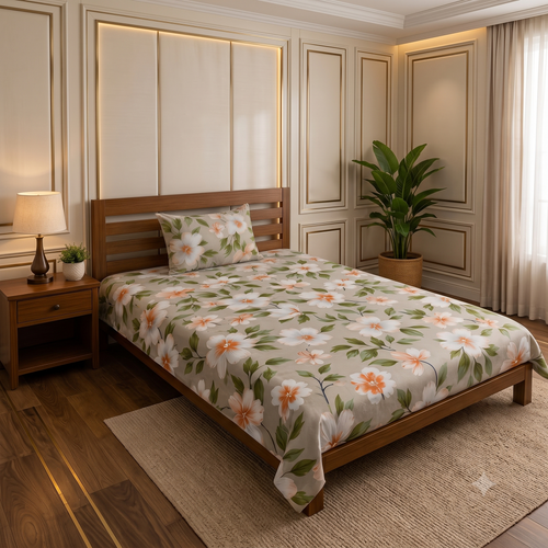 Nuvinor™ Elegant Floral Print Glace Cotton 60x90 inch Single Bedsheet with 1 Matching Pillow Cover