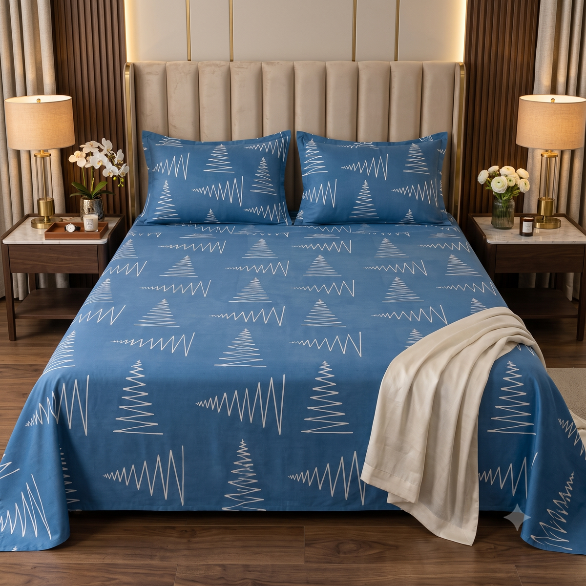 Nuvinor™ HBK Queen Bedsheet with 2 Pillow Covers - Abstract Tree Line Pattern (90x100 Inch Glace Cotton)