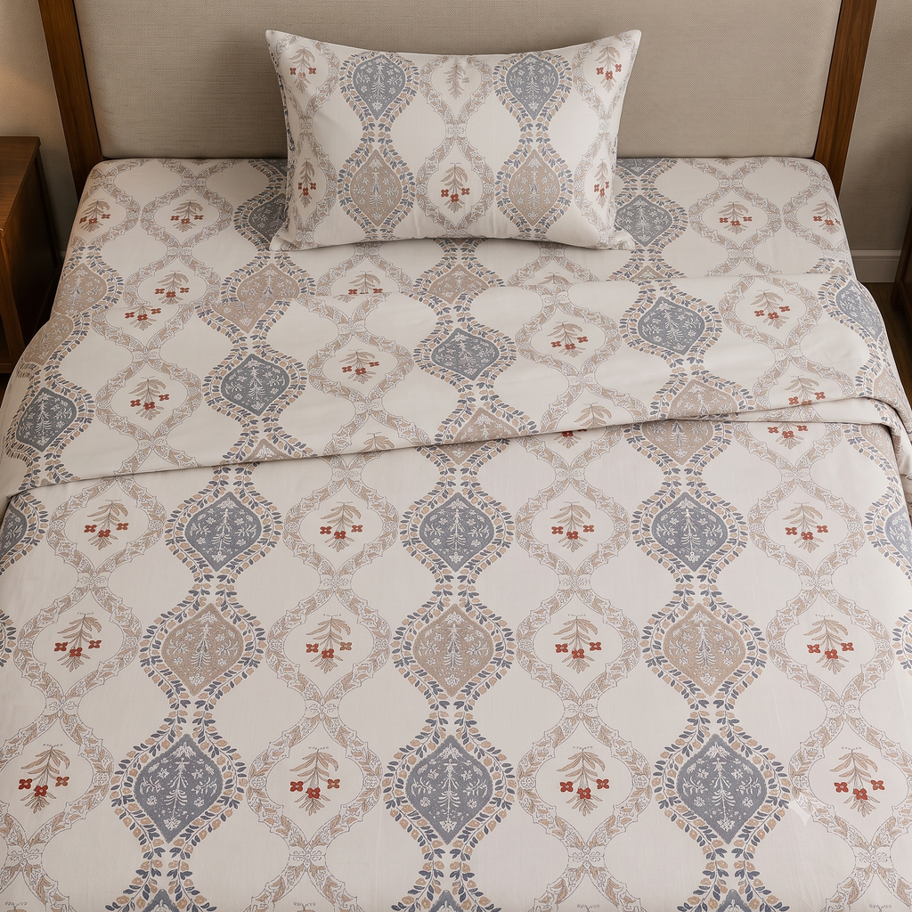 Nuvinor™ Single Bedsheet 60x90 Inch with 1 Pillow Cover - Floral Damask Design