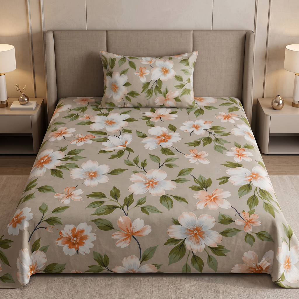 Nuvinor™ Elegant Floral Print Glace Cotton 60x90 inch Single Bedsheet with 1 Matching Pillow Cover