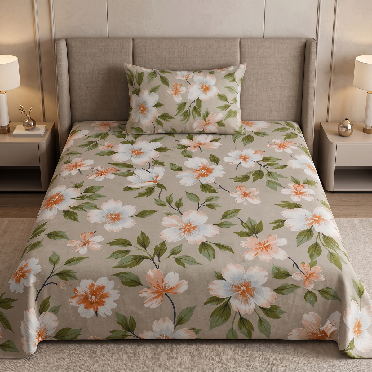 Nuvinor™ Elegant Floral Print Glace Cotton 60x90 inch Single Bedsheet with 1 Matching Pillow Cover