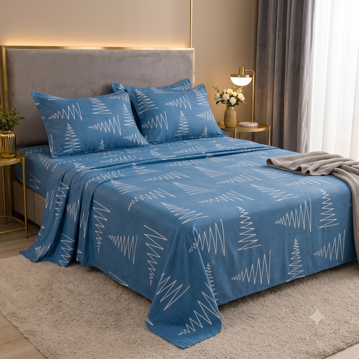 Nuvinor™ HBK Queen Bedsheet with 2 Pillow Covers - Abstract Tree Line Pattern (90x100 Inch Glace Cotton)