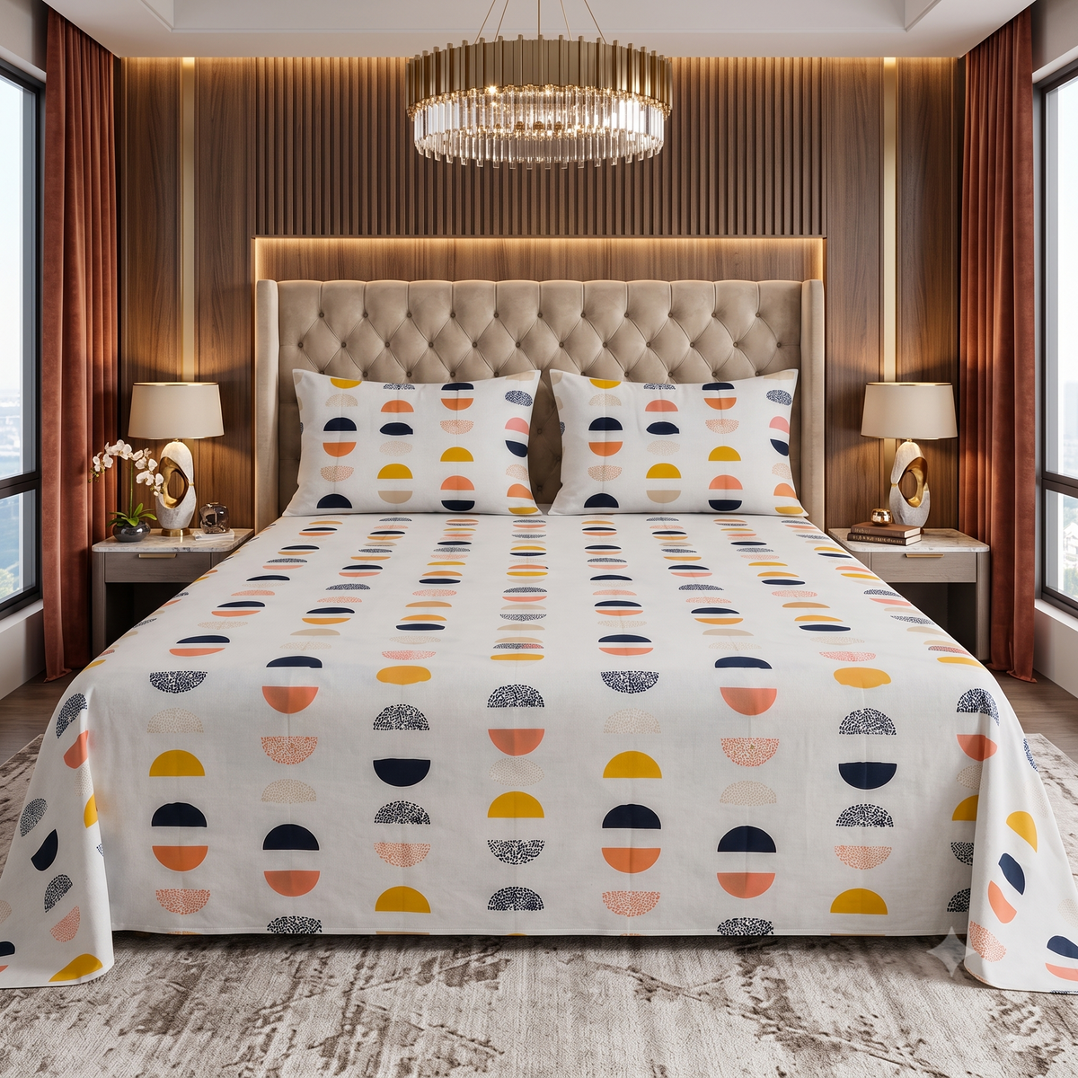 Nuvinor™ HBK Queen Bedsheet with 2 Pillow Covers - Abstract Half-Moon Pattern 90x100 Inch Glace Cotton