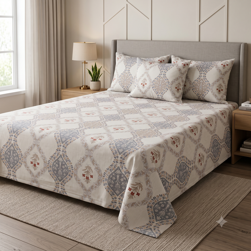 Nuvinor™ Single Bedsheet 60x90 Inch with 1 Pillow Cover - Floral Damask Design