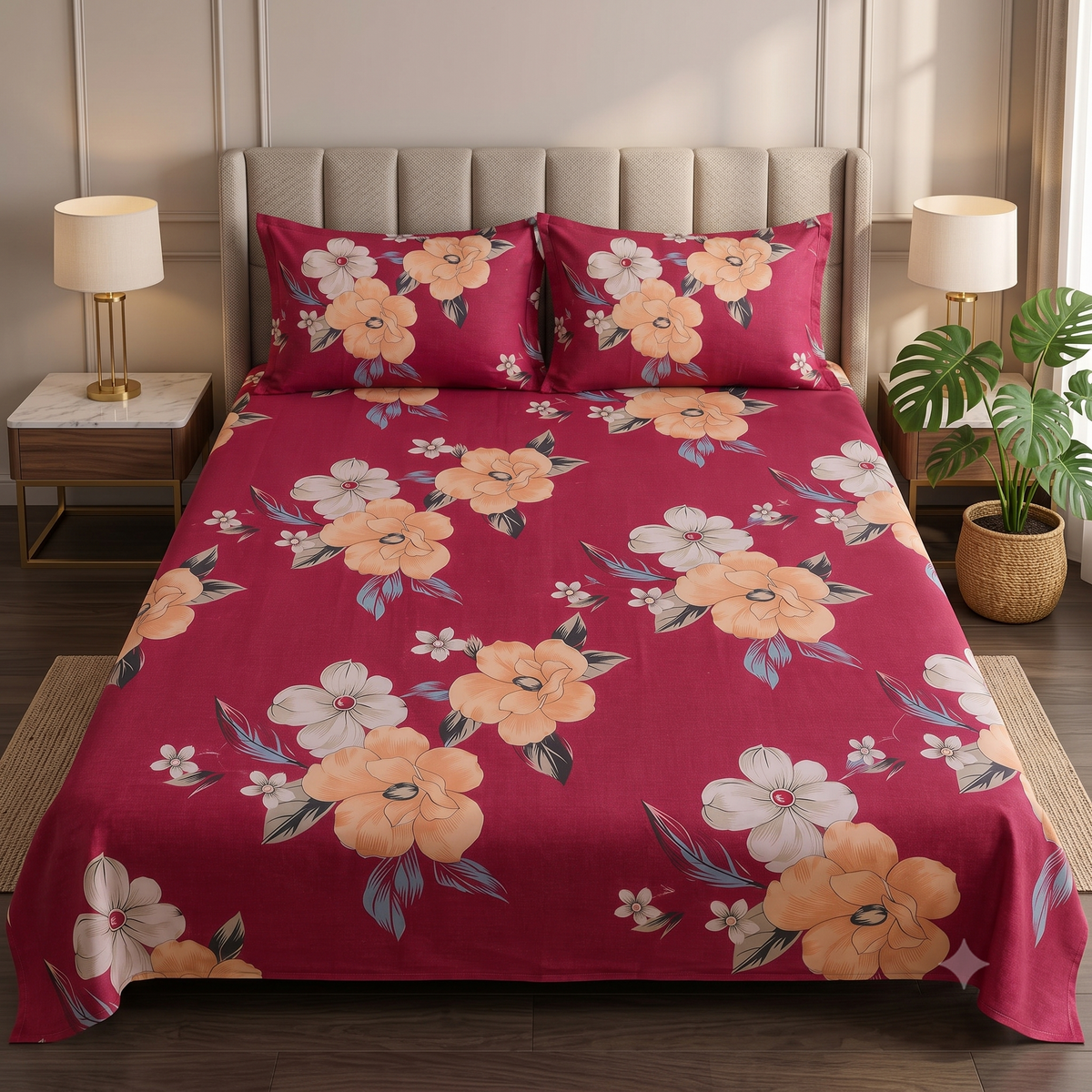 Nuvinor™ Premium Floral Cotton Blend Bedsheet – 90 x 100 Inch with 2 Pillow Covers