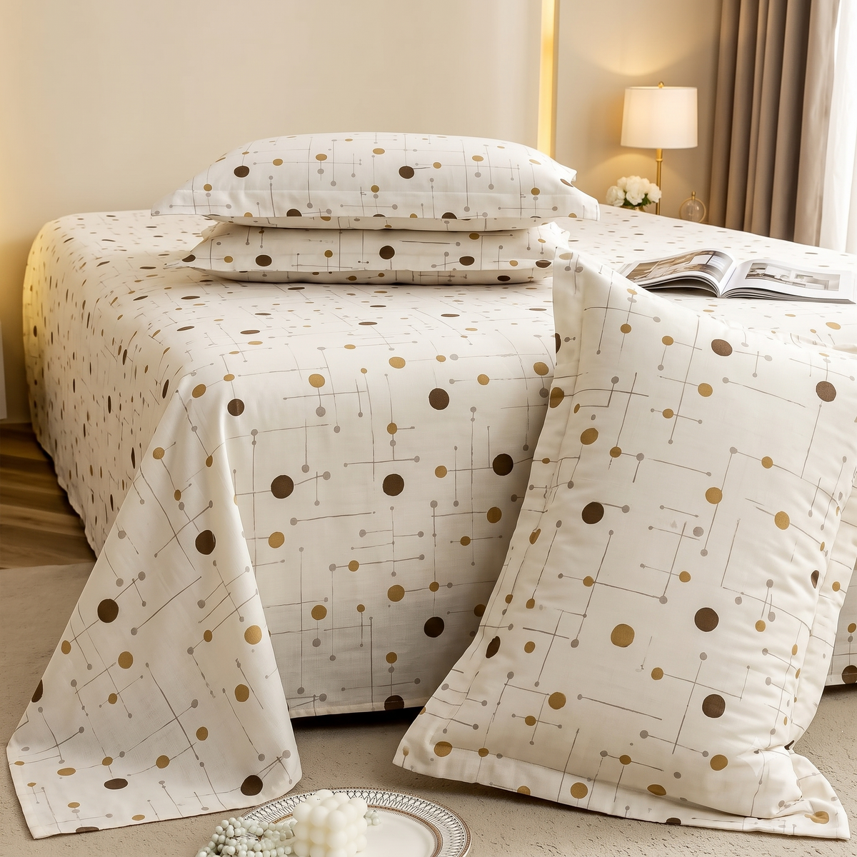 Nuvinor™ HBK King Bedsheet with 2 Pillow Covers - Abstract Dot & Grid Pattern (108x108 Inch Glace Cotton)