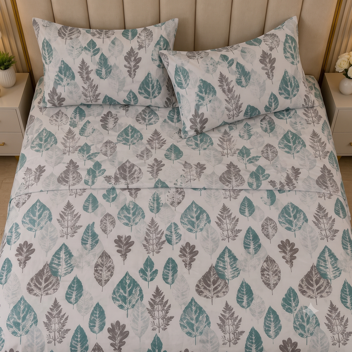 Nuvinor™ HBK King Bedsheet with 2 Pillow Covers - Leaf Pattern (108x108 Inch Glace Cotton)