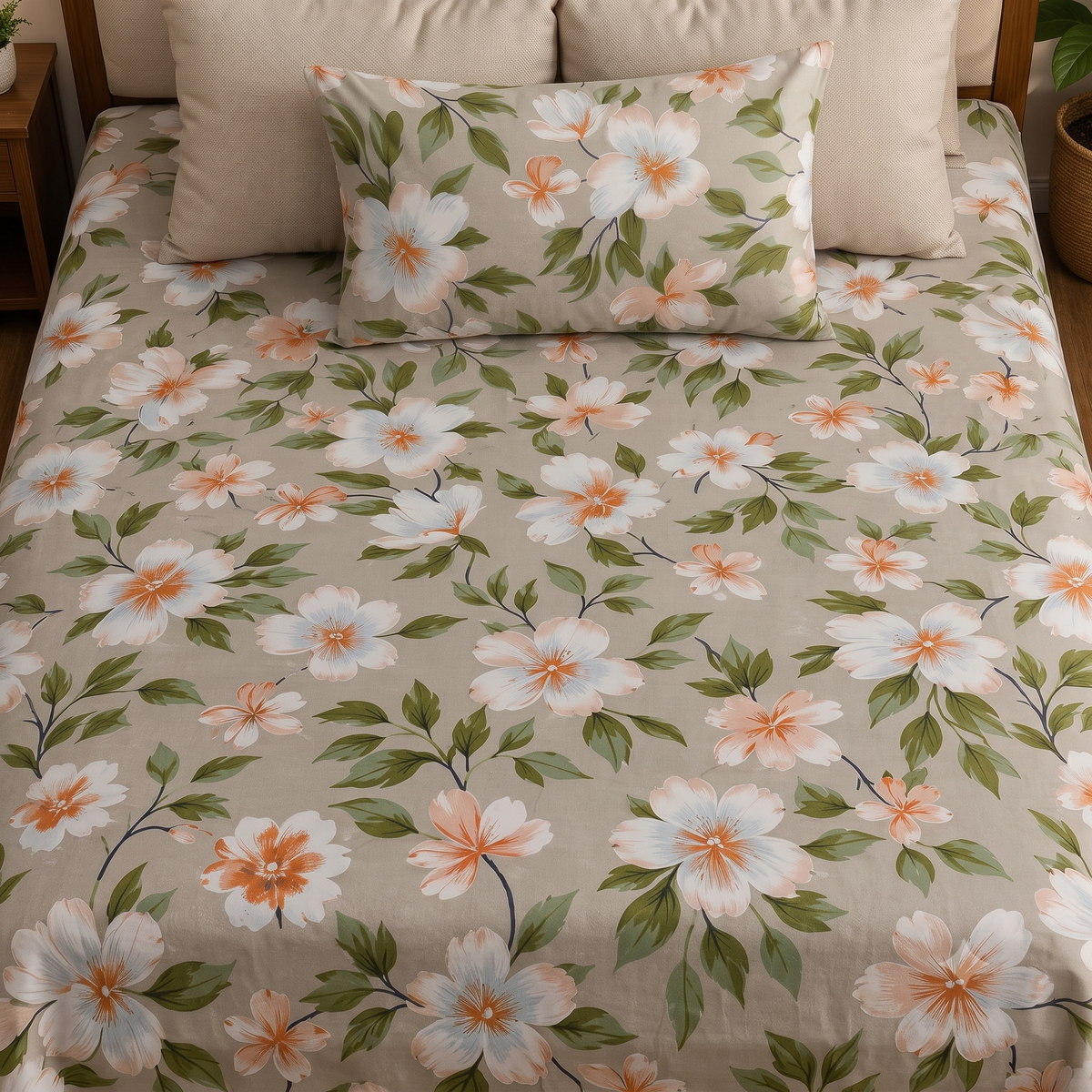 Nuvinor™ Elegant Floral Print Glace Cotton 60x90 inch Single Bedsheet with 1 Matching Pillow Cover