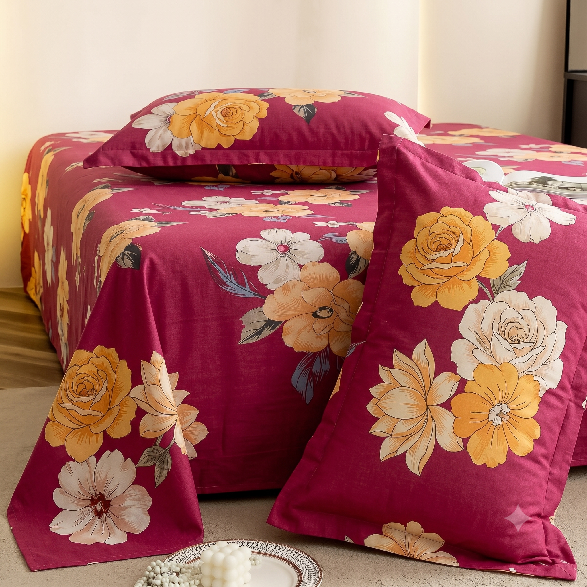 Nuvinor™ Premium Floral Cotton Blend Bedsheet – 90 x 100 Inch with 2 Pillow Covers