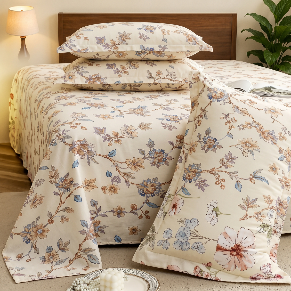 Nuvinor™ Premium Floral 108x108 King Size Cotton Blend Bedsheet with 2 Pillow Covers