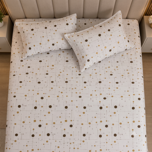 Nuvinor™ HBK King Bedsheet with 2 Pillow Covers - Abstract Dot & Grid Pattern (108x108 Inch Glace Cotton)