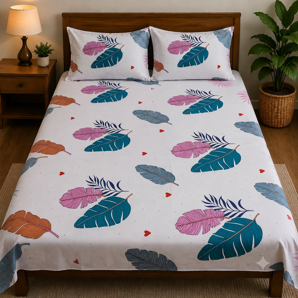 Nuvinor™ Premium Leaf Print Cotton Blend Bedsheet – 90 x 100 Inch with 2 Pillow Covers