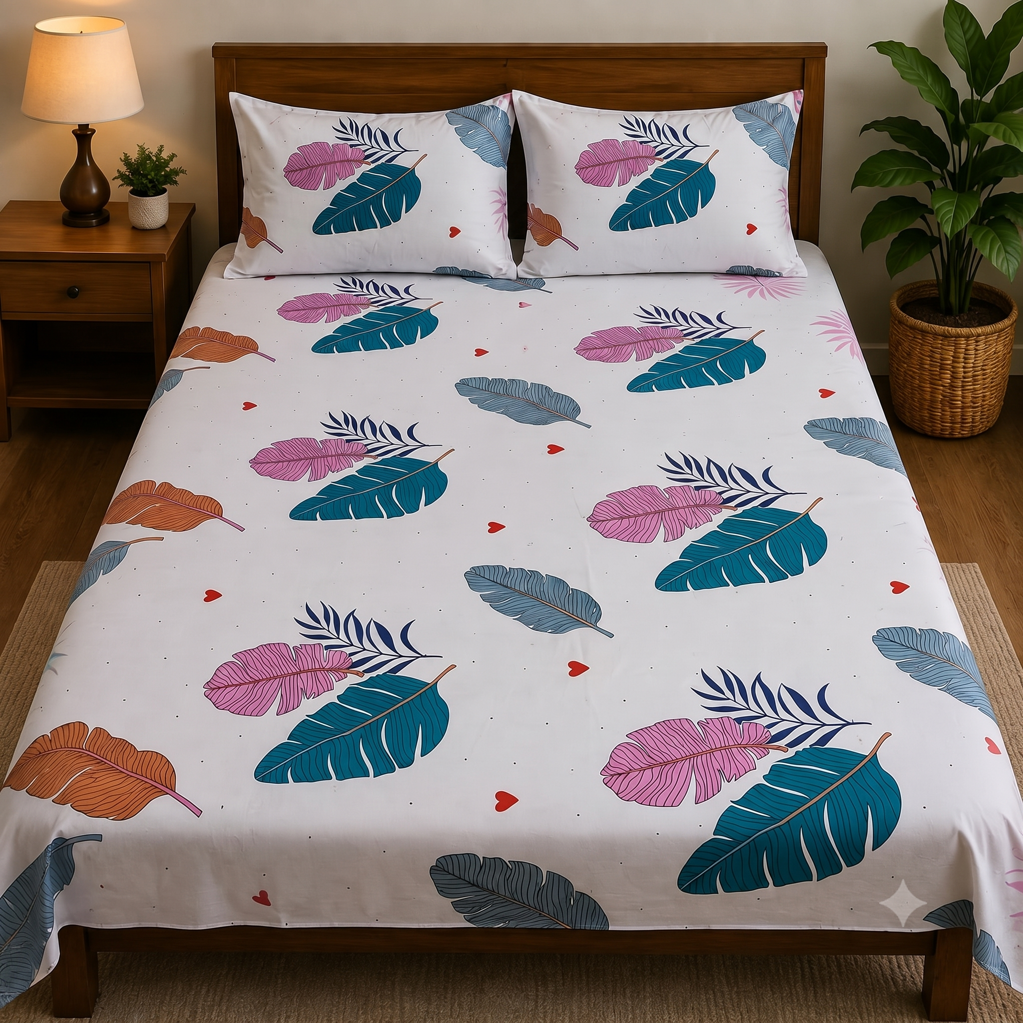 Nuvinor™ Premium Leaf Print Cotton Blend Bedsheet – 90 x 100 Inch with 2 Pillow Covers