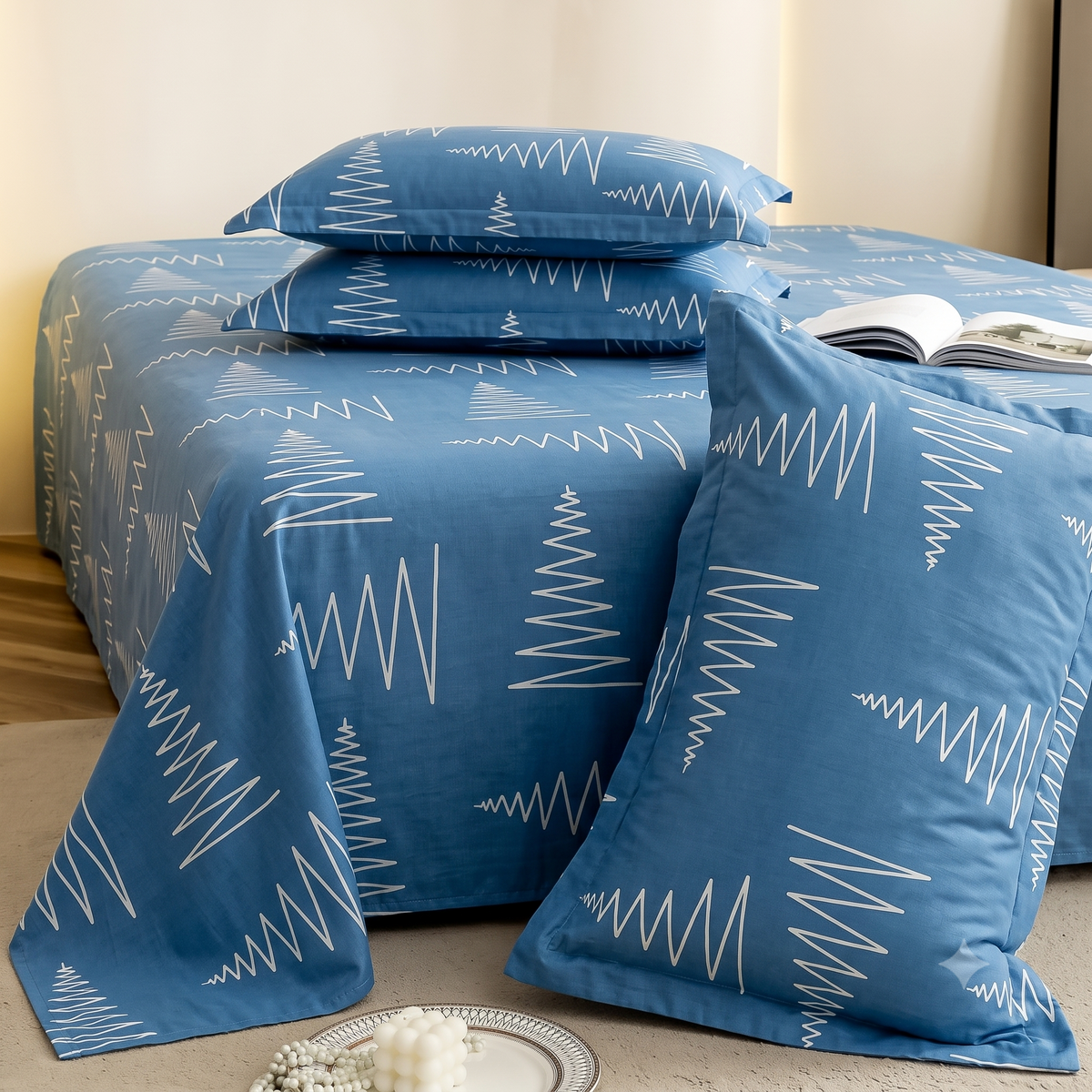 Nuvinor™ HBK Queen Bedsheet with 2 Pillow Covers - Abstract Tree Line Pattern (90x100 Inch Glace Cotton)