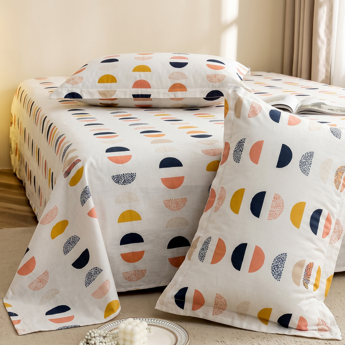 Nuvinor™ HBK Queen Bedsheet with 2 Pillow Covers - Abstract Half-Moon Pattern 90x100 Inch Glace Cotton
