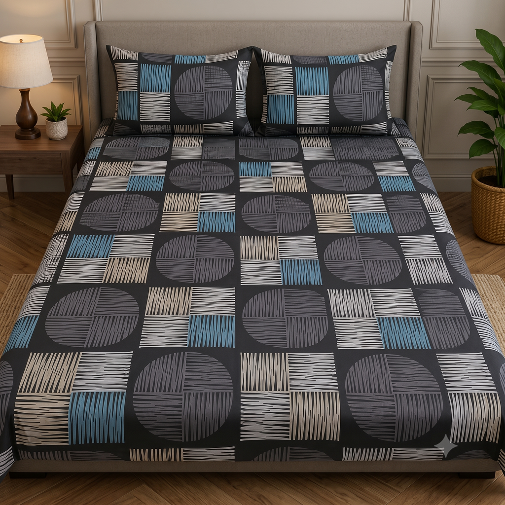 Nuvinor™ Premium Geometric 90X100 Inch Cotton Blend  Bedsheet with 2 Pillow Covers