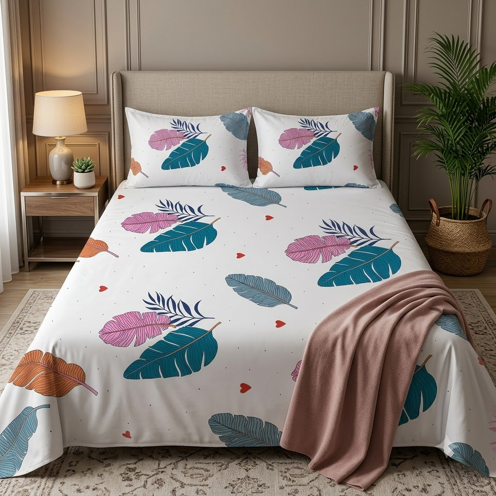 Nuvinor™ Premium Leaf Print Cotton Blend Bedsheet – 90 x 100 Inch with 2 Pillow Covers