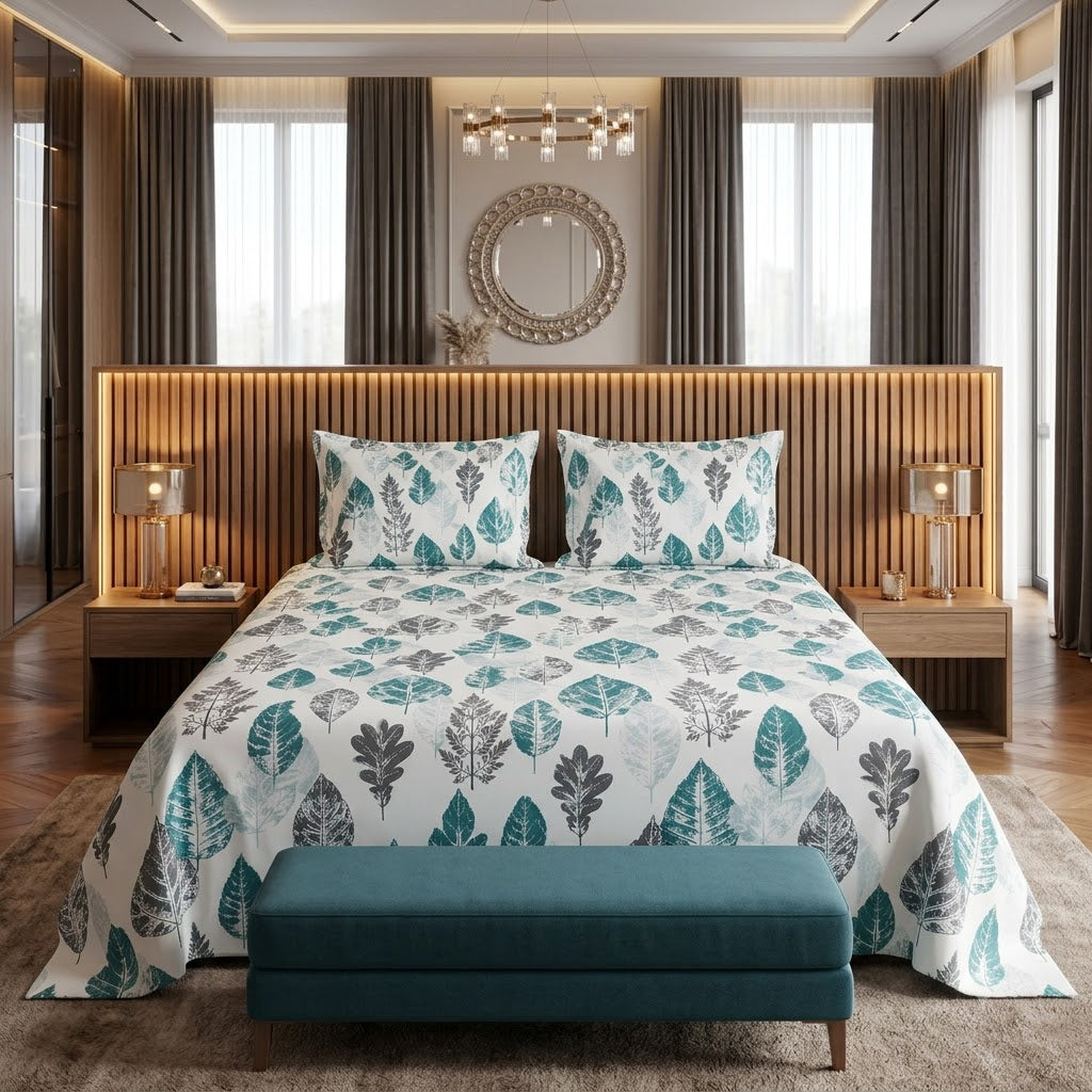 Nuvinor™ HBK King Bedsheet with 2 Pillow Covers - Leaf Pattern (108x108 Inch Glace Cotton)