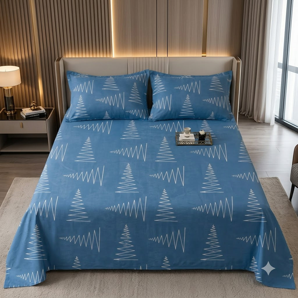 Nuvinor™ HBK Queen Bedsheet with 2 Pillow Covers - Abstract Tree Line Pattern (90x100 Inch Glace Cotton)