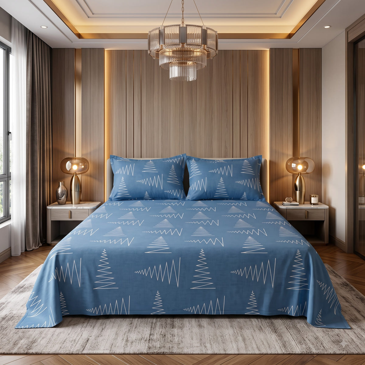 Nuvinor™ HBK Queen Bedsheet with 2 Pillow Covers - Abstract Tree Line Pattern (90x100 Inch Glace Cotton)
