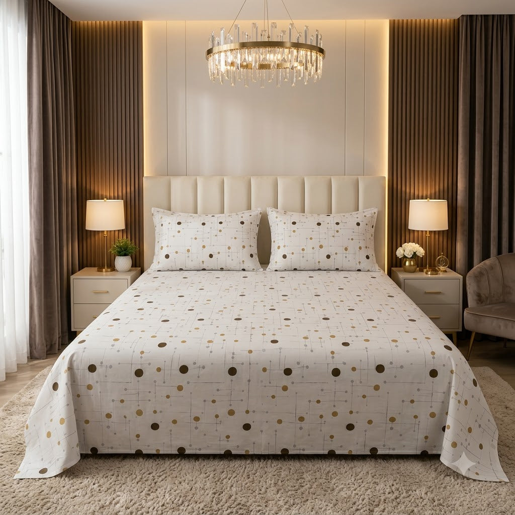 Nuvinor™ HBK King Bedsheet with 2 Pillow Covers - Abstract Dot & Grid Pattern (108x108 Inch Glace Cotton)