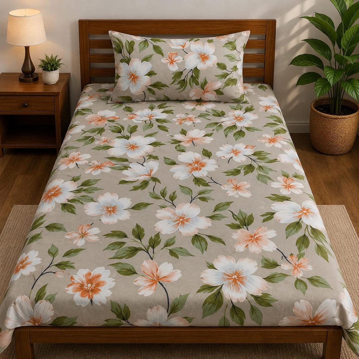 Nuvinor™ Elegant Floral Print Glace Cotton 60x90 inch Single Bedsheet with 1 Matching Pillow Cover