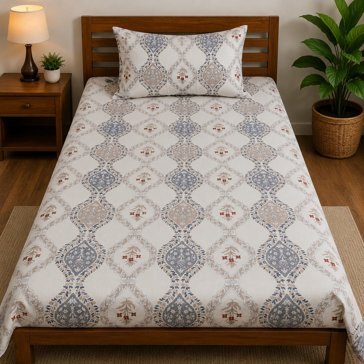Nuvinor™ Single Bedsheet 60x90 Inch with 1 Pillow Cover - Floral Damask Design
